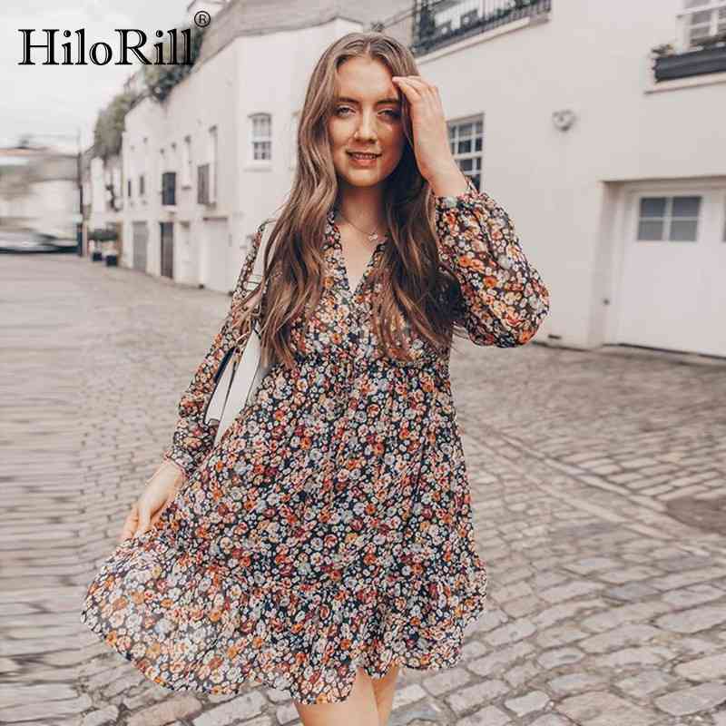 Summer Boho Floral Print Dress Women Lantern Long Sleeve Pleated es V Neck Beach Mini Female Roupa Feminina 210508