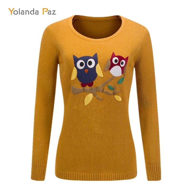 Yolanda Paz autumn winter female cartoon owl pattern long sleeves o-neck knitted pullover high quality women sweater 211011Z
