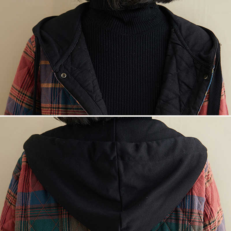 Johnature Women Vintage Winter Parkas Plaid Button Coats Hooded Pockets Warm Female Clothes Korean Style Parkas Coats 210930