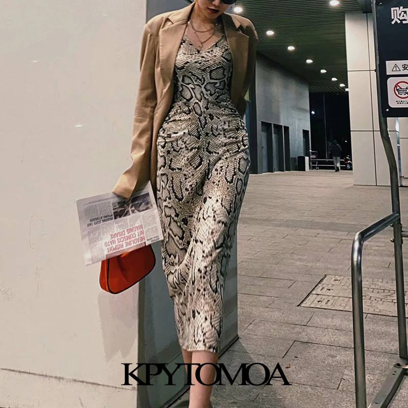 Women Sexy Fashion Snake Print Midi Dress Backless Zipper Thin Straps Female Dresses Vestidos Mujer 210420
