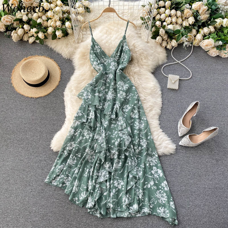 Fashion Women Chiffon Floral Dress Summer Sexy Spaghetti Strap Party Dresses Elegant Ladies Asymmetrical Robe Vestidos 210519