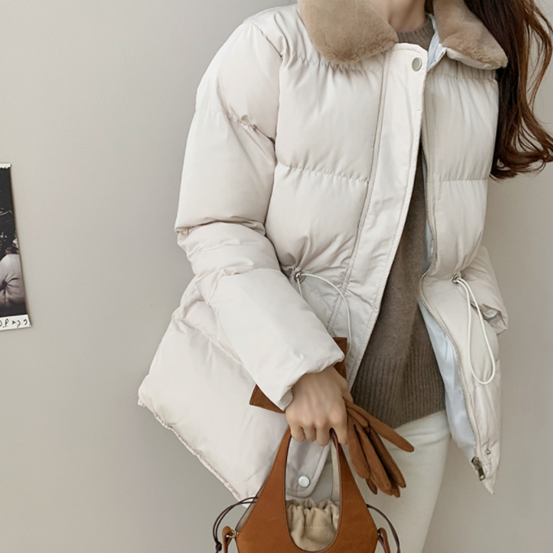 Winter Coat Women OL Formal Fur Collar Loose Casual Solid Bread Clothes Warm Cotton Padded Jacket Outwear Parkas 210421