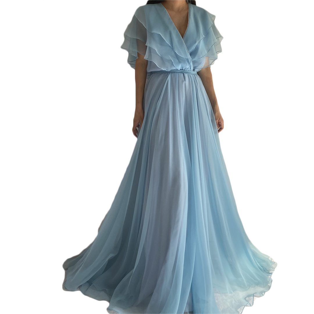 2021 Light Sky Blue Kimono Women Sleepwear Wraps V Neck Ruffle Shawl Backness Lace Up Bathrobe Sheer Nightgown Robe Prom Maternity Dress Photography