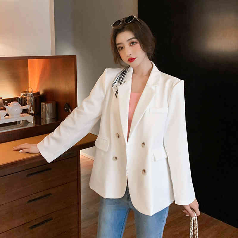 Women Fashion Casual Double Breasted White Blazer Coat Vintage Notched Long Sleeve Female Outerwear Chic Tops 210518