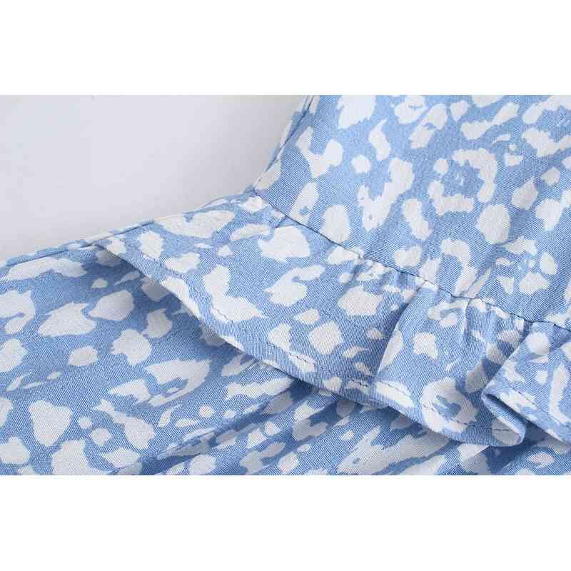 Retro Blue White Leopard Print Women Dress Elegant Deep V neck Spliced Wood ears Ruffles Long sleeve Mini Dresses Holiday 210429