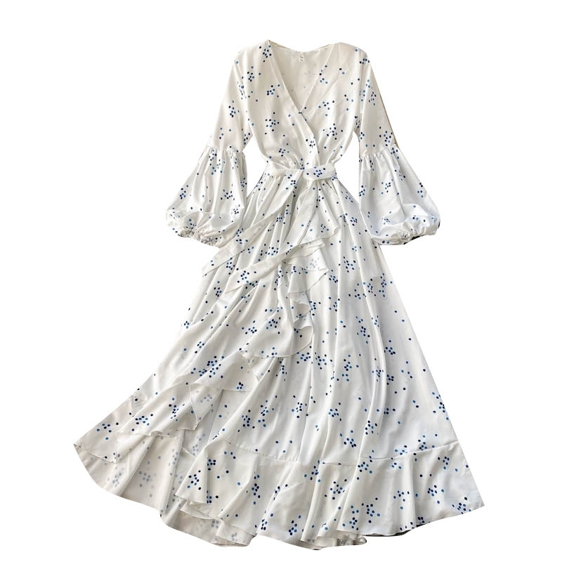 LoveFlowerLife Spring Autumn Elegant Polka Dot Floral Print Dress V Neck A Line Puff Sleeve High Waist Women Dresses 210521