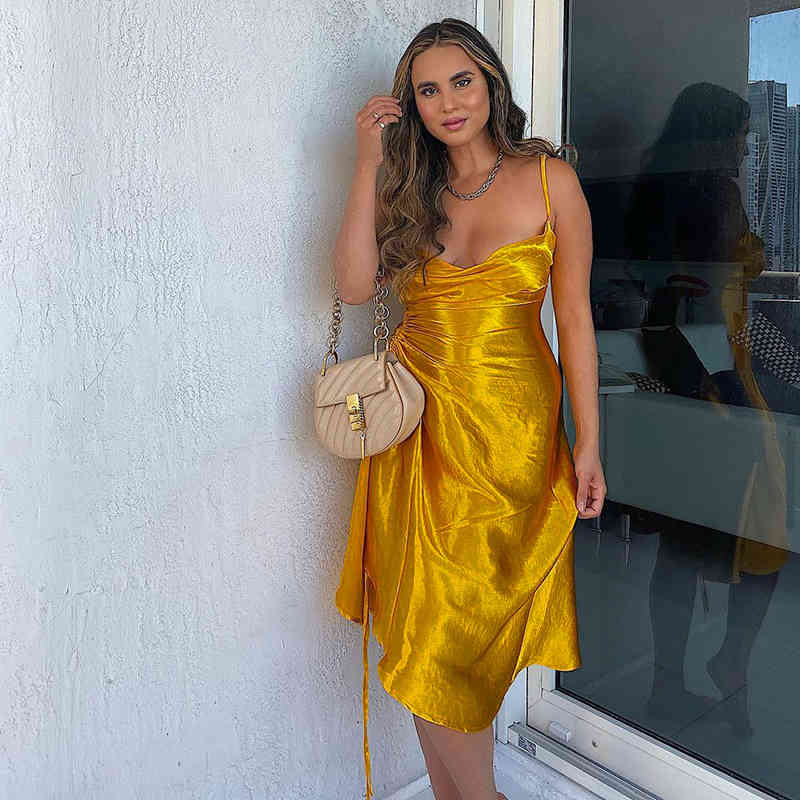 Women Vintage Side Split Bandage Satin Dress Spaghetti Strao Sexy V neck Solid Elegant Casual Mid Dress Summer New Dress 210409