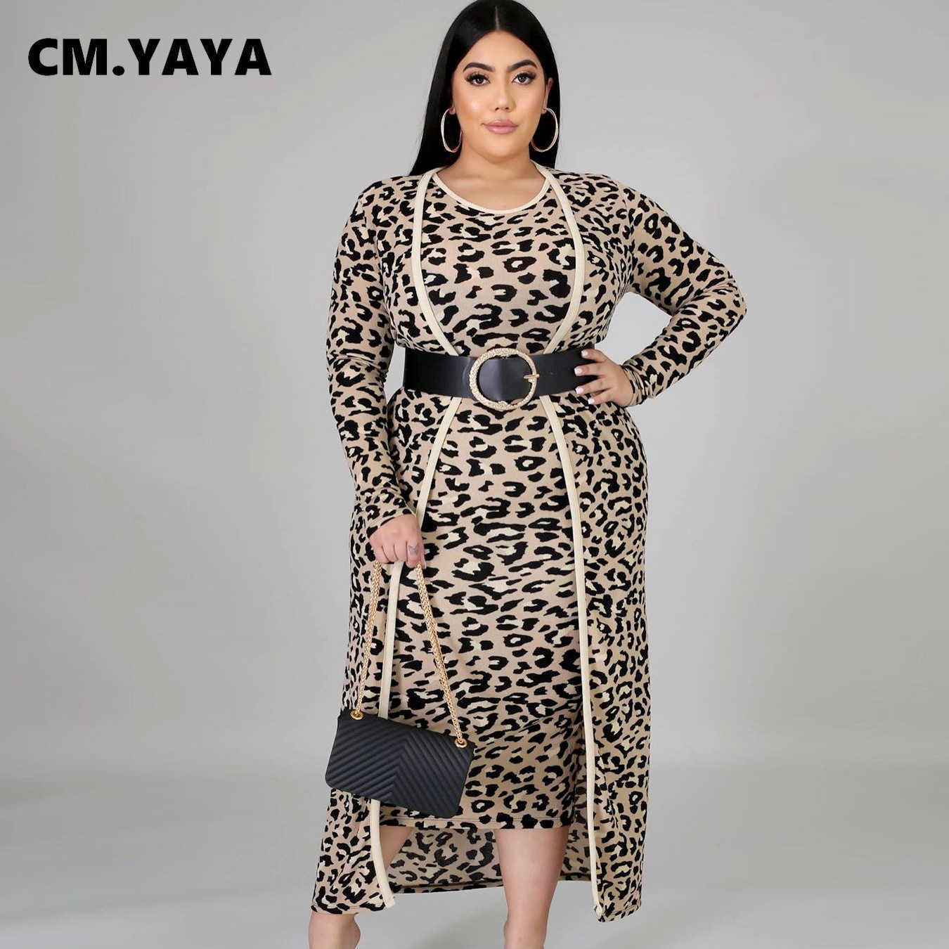 CM.YAYA Plus Size XL-4XL Leopard Print Women's Set Long Sleeve Long Cloak Tops Bodycon Midi Dress Two Piece Matching Set Outfits 210708