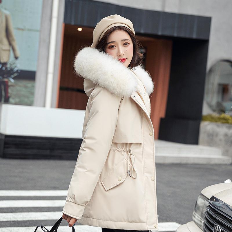 Womens Down Parkas Short Adjustable Waist Cotton Liner Parka Casual Warm Winter Jackets For Women Fur Collar Hooded Coat
