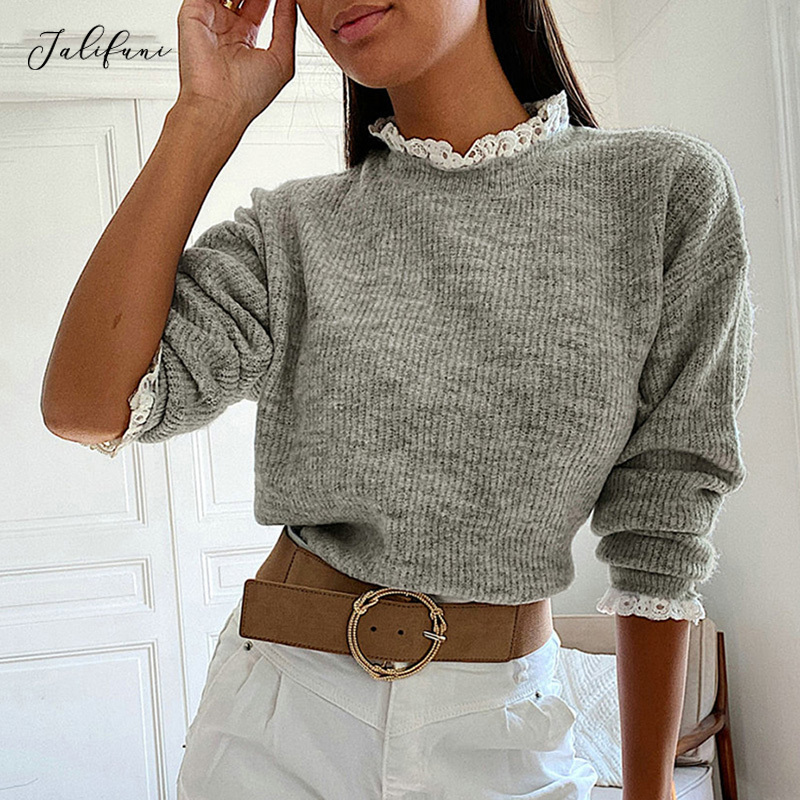 Women Sweaters Fashion Pure Gray Crewneck Ribbed Knitted Stitching Lace Pullover Jumpers Tops Autumn Spring New Clothes 210415