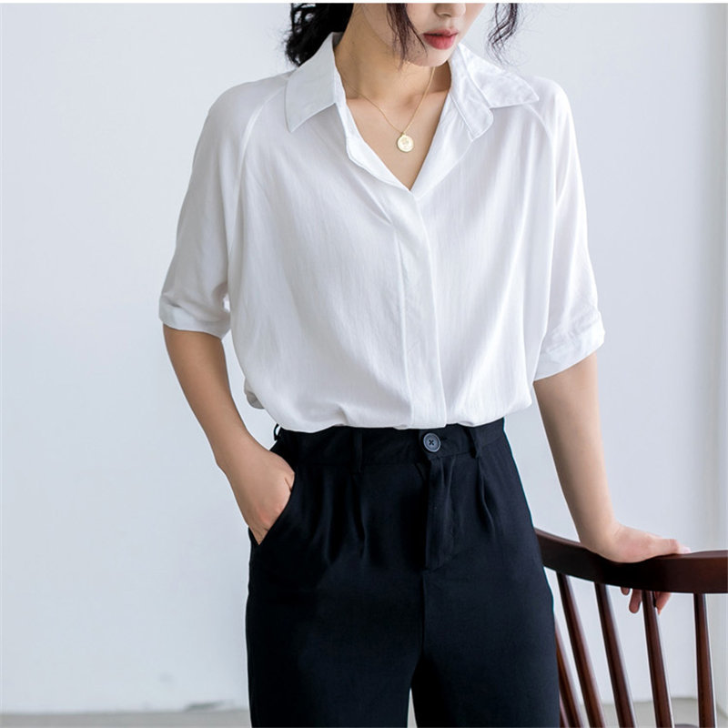 Office Lady Short Sleeves Formal Shirt Streetwear Women's OL Minimalist Vintage Chiffon Solid Large Size Shirts 210421