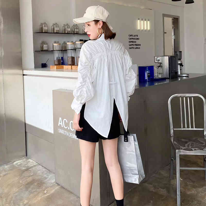 Casual Solid Ruched Shirt For Women Lapel Long Sleeve Minimalist Basic Loose Blouse Female Fashion Spring 210524