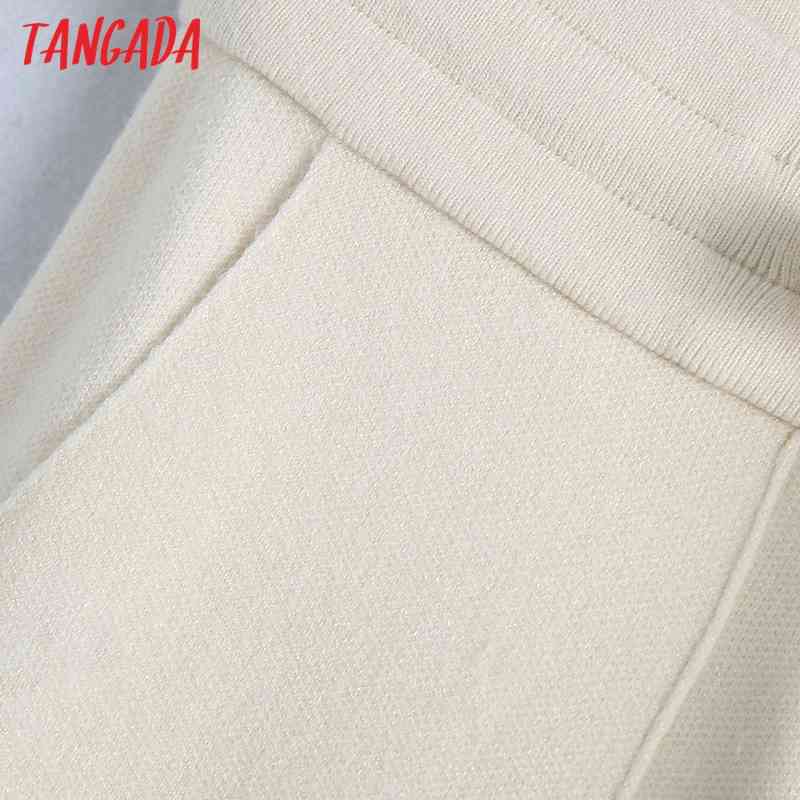 Women Chic Fashion Beige Knitted Pants Vintage High Waist with Drawstring Female Ankle Trousers BE352 210416