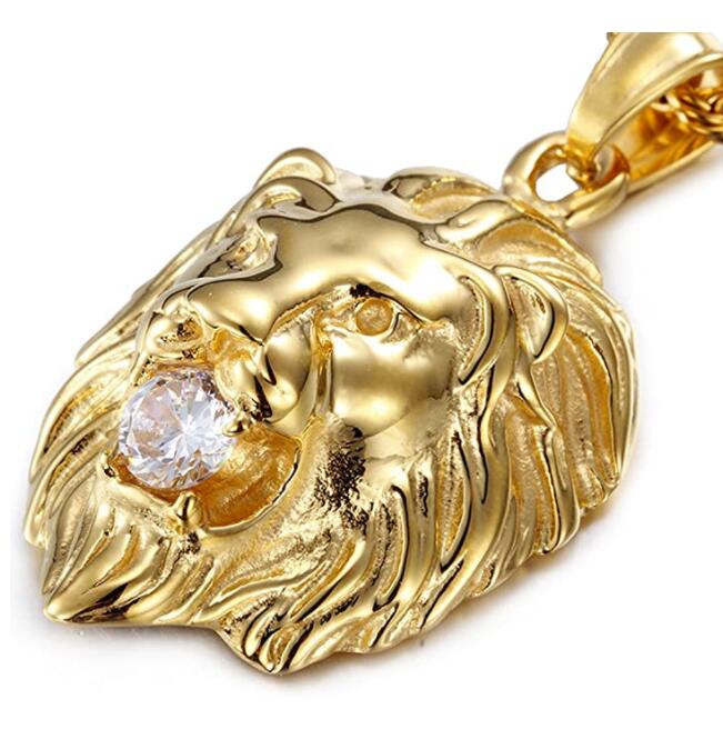 Gold Mens Necklace Lion Pendant Necklace Stainless Steel Shiny CZ Diamonds Comes with Rope Chain 22 INCH