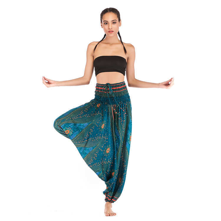 Bohemia National Print Elastici Waist Big Crotch Pants Female Loose Casual High Harem Thail Ladies Dance Baggy 210604