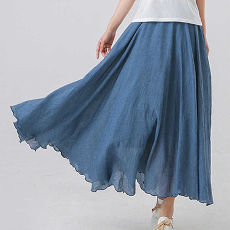 High Quality Cotton Linen Maxi Skirt Womens Casual Elastic Waist Pleated A-Line Beach Skirts Boho Saia Feminina Faldas Jupe 210619