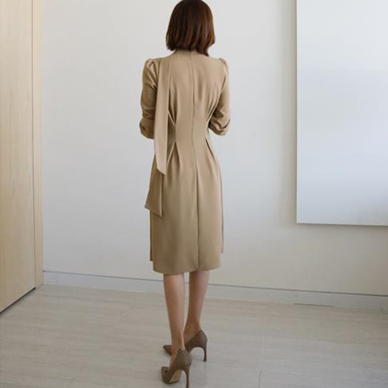 Spring Autumn Elegant Bow Collar Dress Women OL Office Solid Long Sleeve Knee-length es Vestidos 210421