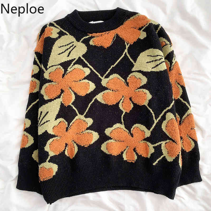 Neploe Fall Women Clothes Knit Pullovers Heavy Crochet Floral Sweaters Women O-neck Thicked Warm Jumper Coat Female 4G386 210422