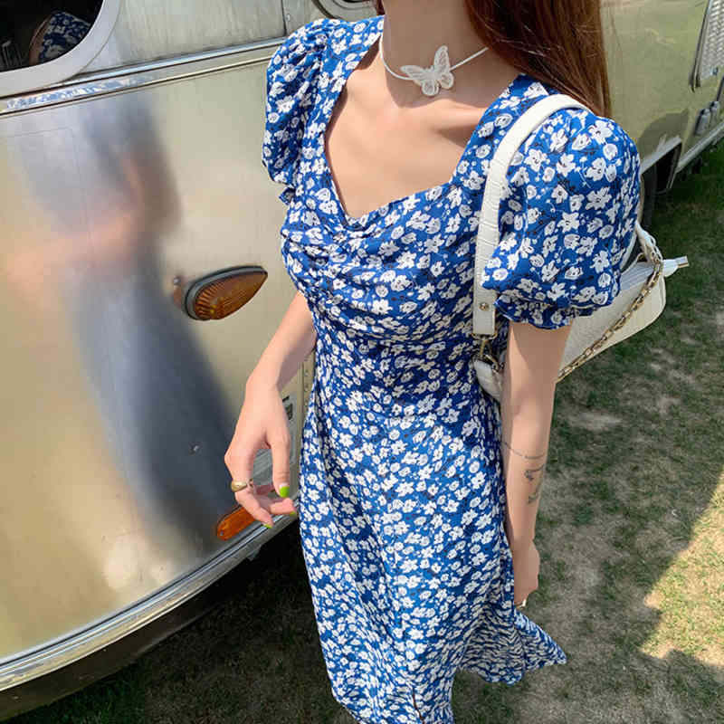 Comelsexy French Ruffle Women Sexy Floral Split Dress Office Lady Korean Style Summer Elegant Chiffon Slim Boho Skirt Vestidos 210515