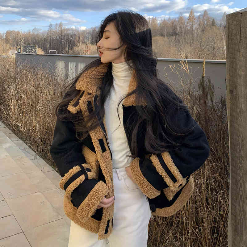 autumn and winter korean style lamb wool patchwork warm coats and jackets womens short coats (C08823) 210423