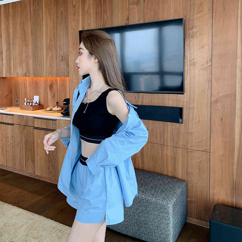 est Women's Fashion 3 Piece Set Casual Long Sleeve Blouses + Sexy Black Vest Crop tops Short Suits 210519