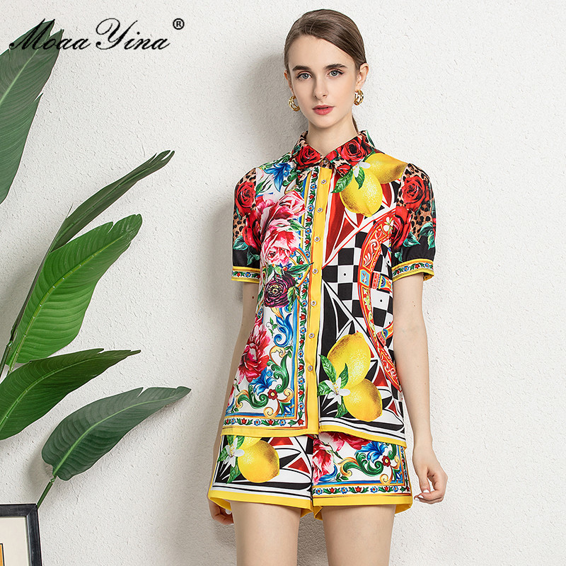 Fashion Runway Summer Two Piece Sets Women's Floral Print Loose Shirts and Shorts Suit 210524