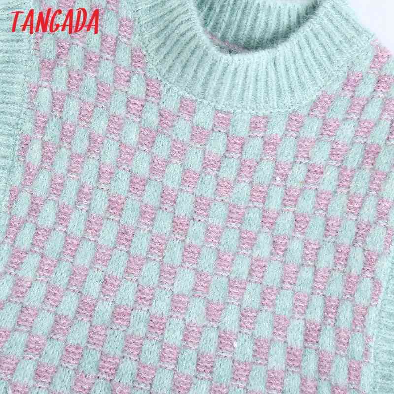 Women Fashion Plaid Pattern O Neck Knitted Vest Sweater Vintage Sleeveless Female Waistcoat Chic Tops BE478 210416