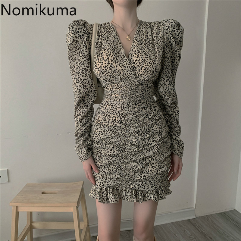 Nomikuma Leopard V-neck Puff Long Sleeve Elegant Dresses Autumn Women Dress Korean Slim Waist Pleated Mini Vestidos 6D271 210427
