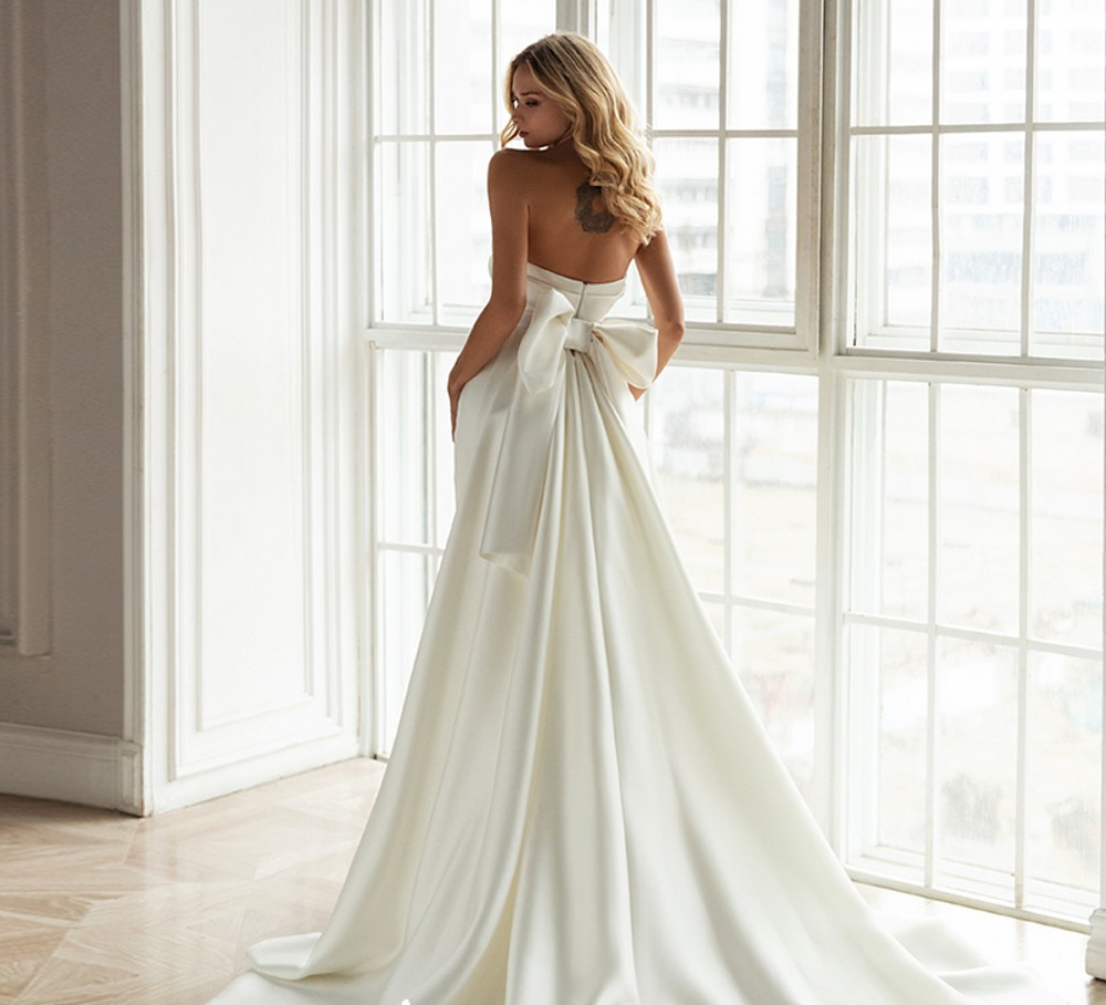 Bridal Gown Satin Mermaid Wedding Dress with Detachable Train Strapless Simple Brautkleid Bow Back Vestido De Noiva robe de mariee 2022