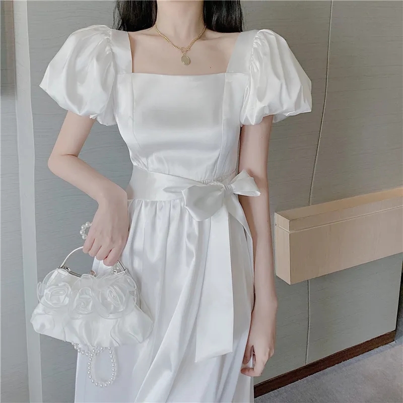 women summer white elegant puff sleeve holiday dress ladys square collar sashe Dress female vintage A-line Vestidos 210517
women summer white elegant puff sleeve holiday dress ladys square collar sashe Dress female vintage A-line Vestidos 210517