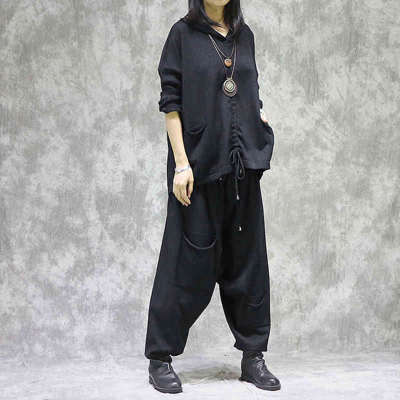 Johnature Women Knitted Two Piece Suit Black Spring Clothes Original Casual Soft Pullover Tops Elastic Waist Pants 210521
Johnature Women Knitted Two Piece Suit Black Spring Clothes Original Casual Soft Pullover Tops Elastic Waist Pants 210521