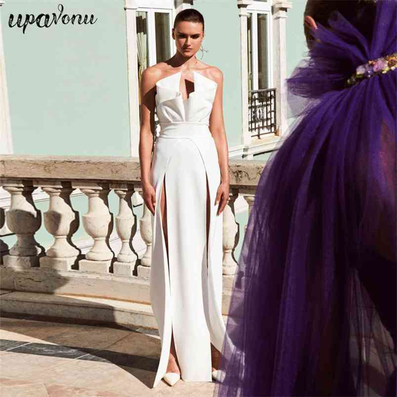 Free Women Runway Long Dress Sexy Strapless Sleeveless Backless Draped Slim Fit Split Club Party Vestido 210524