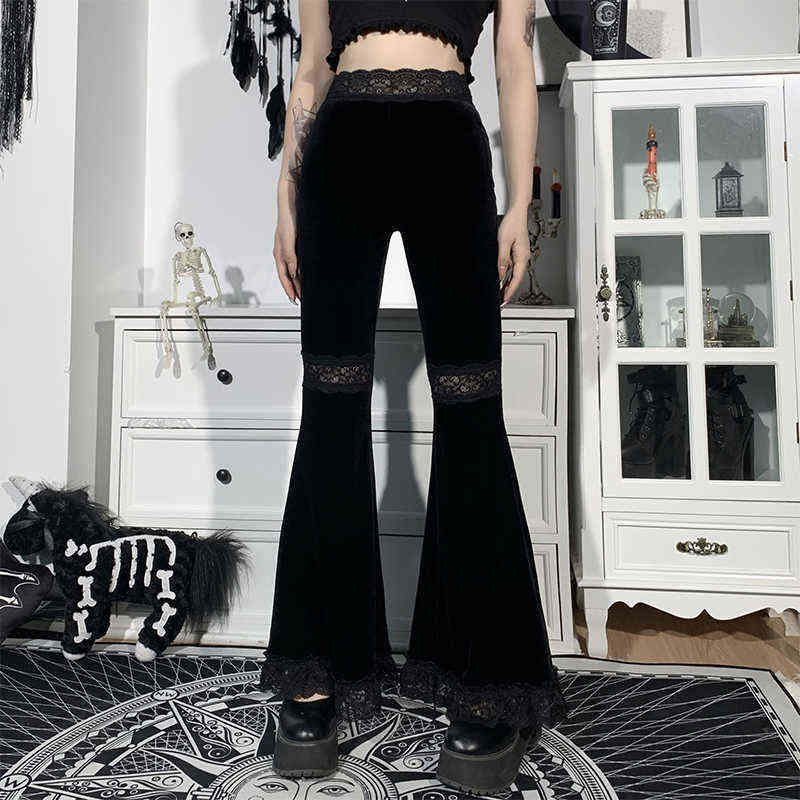 AltGirl Harajuku Punk Gothic Flare Pants Women Grunge Street Vintage Mall Goth Lace Patchwork Hollow Out Dark Black Velvet 211115