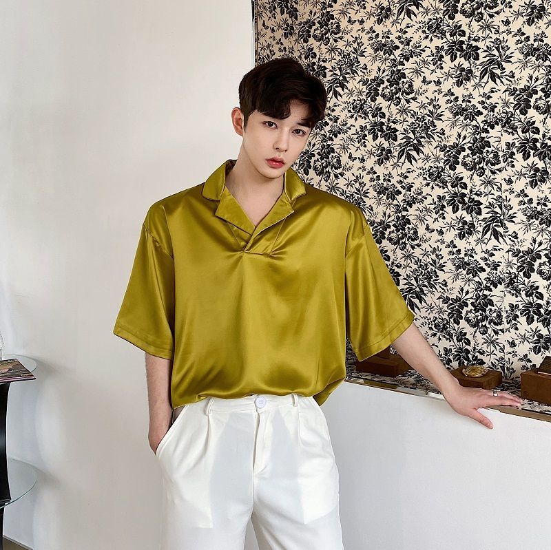 IEFB /men's wear Personalized fashion satin loose comfortable pullover shirt short sleeve korean tops male summer Y2573 210524