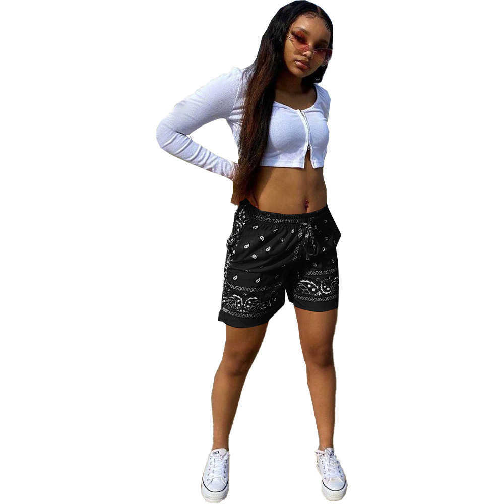Women Shorts Causal Bandana Print High Waist Drawstring With Pocket Summer Shorts Sportwear Legging Outfit Streetwear Trousers 210625