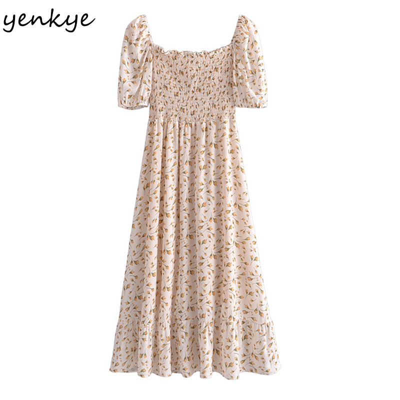 YENKYE Vintage Floral Print Chiffon Dress Women Elegant Square Neck Sexy Slits Vestido Female Summer Holiday Party Dresses 210515
