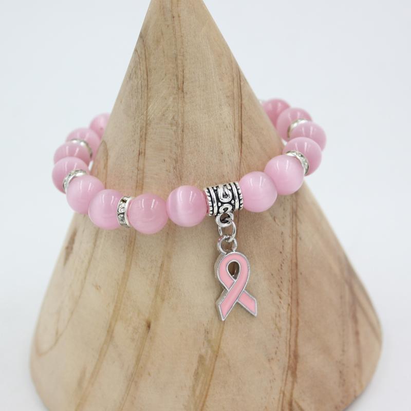 Pack Breast Cancer Awareness Jewelry White Pink Opal Beaded Bracelet Ribbon Charm BraceletsBangles Bracelets