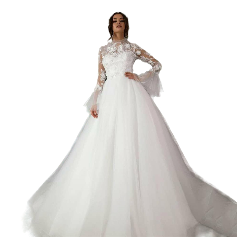 Boho High Neck A Line Wedding Dress 3D Floral Appliques Ivory Tulle Long Bridal Gowns With Bell Long Sleeve Beach Bride Dresses Robe De Mariee 2022