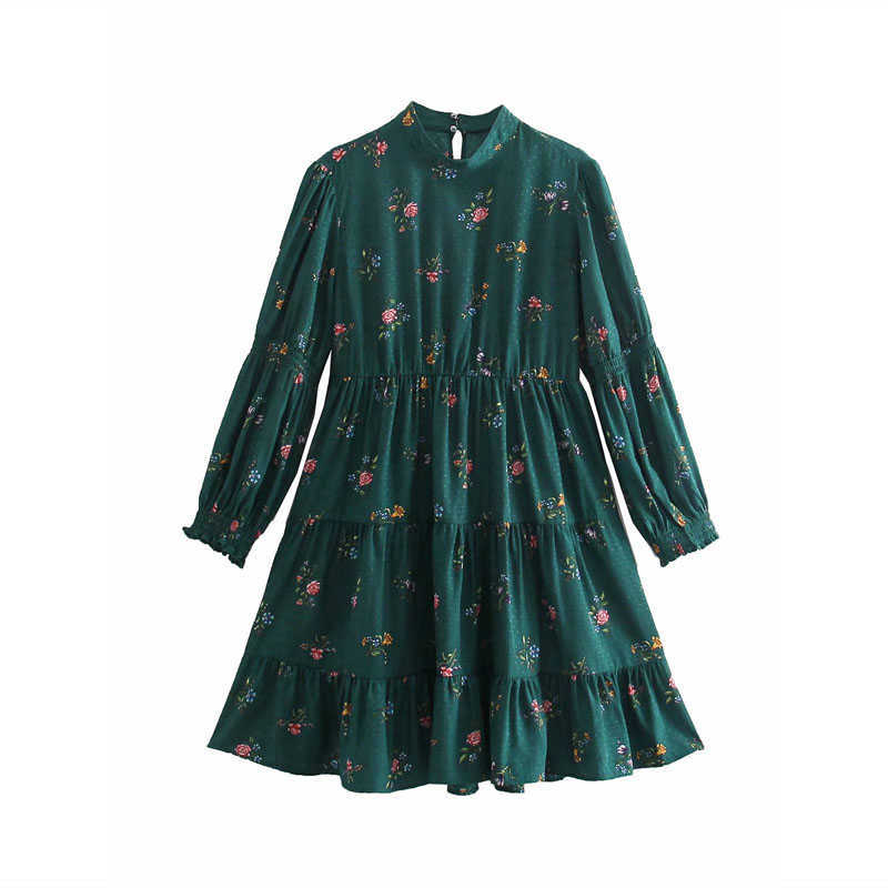 ZA Green Print Mini Dress Women Long Puff Sleeve Elastic Waistband Vintage Party Dresses Woman Back Opening Vestidos 210602