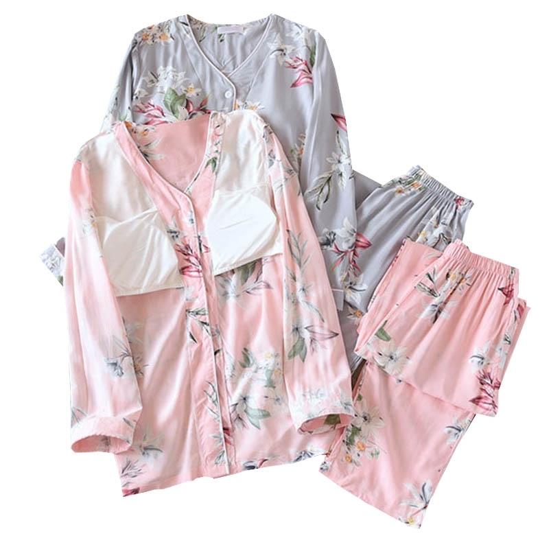 Women's Sleepwear Spring New Ladies Household Cotton Satin Pajamas Set Cardigan+Pants 2Pcs Floral Print Women Casual Wear With Che, Grey-lily
Women's Sleepwear Spring New Ladies Household Cotton Satin Pajamas Set Cardigan+Pants 2Pcs Floral Print Women Casual Wear With Che, Grey-lily
