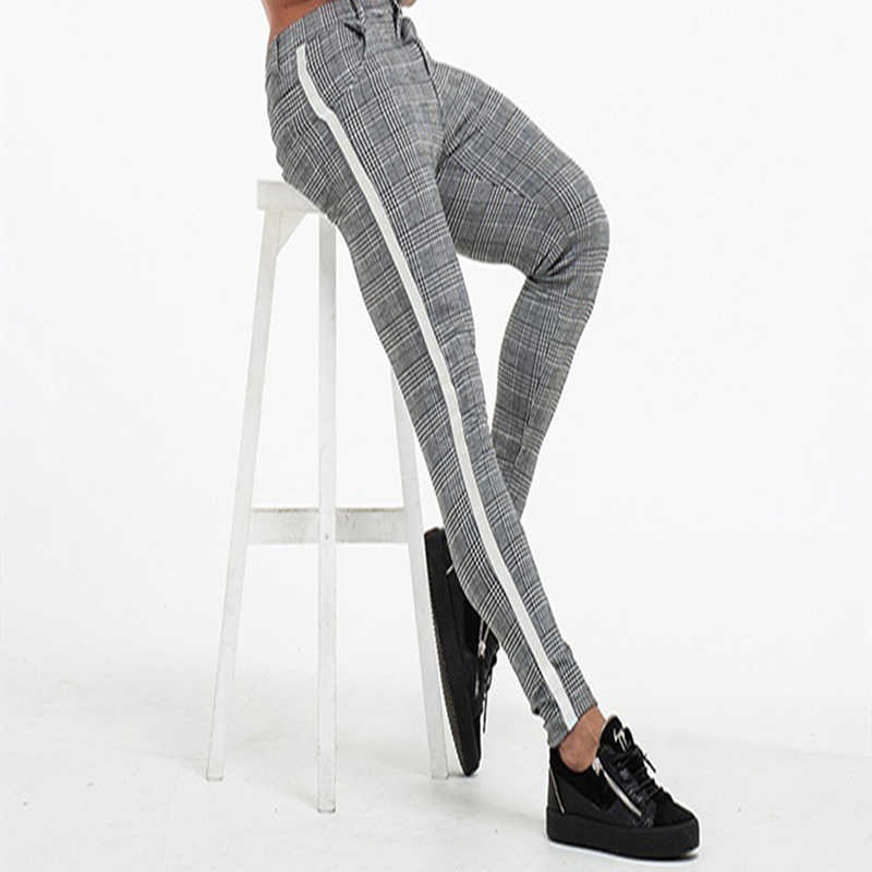 Casual Mens Chinos Cotton Slim Fit Men Pants Trousers Skinny Chinos Pants Grey Ankle Length Streetwear Plaid Side Stripe Pants Y0811