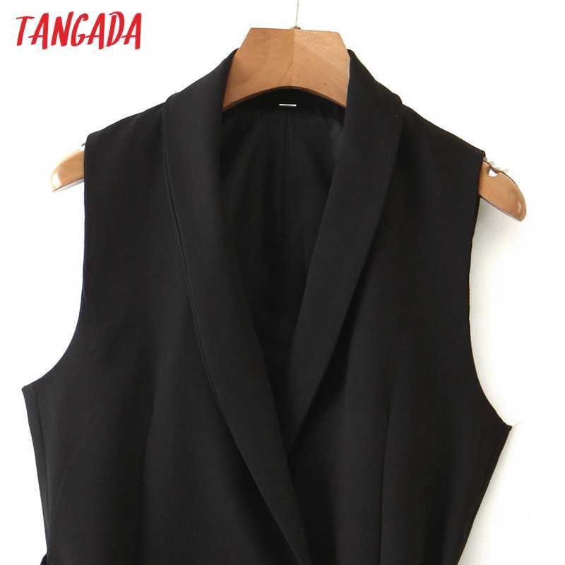 Tangada woman black long vest coat with slash office ladies waistcoat sleeveless blazer double breasted elegant top 3Z38 210910