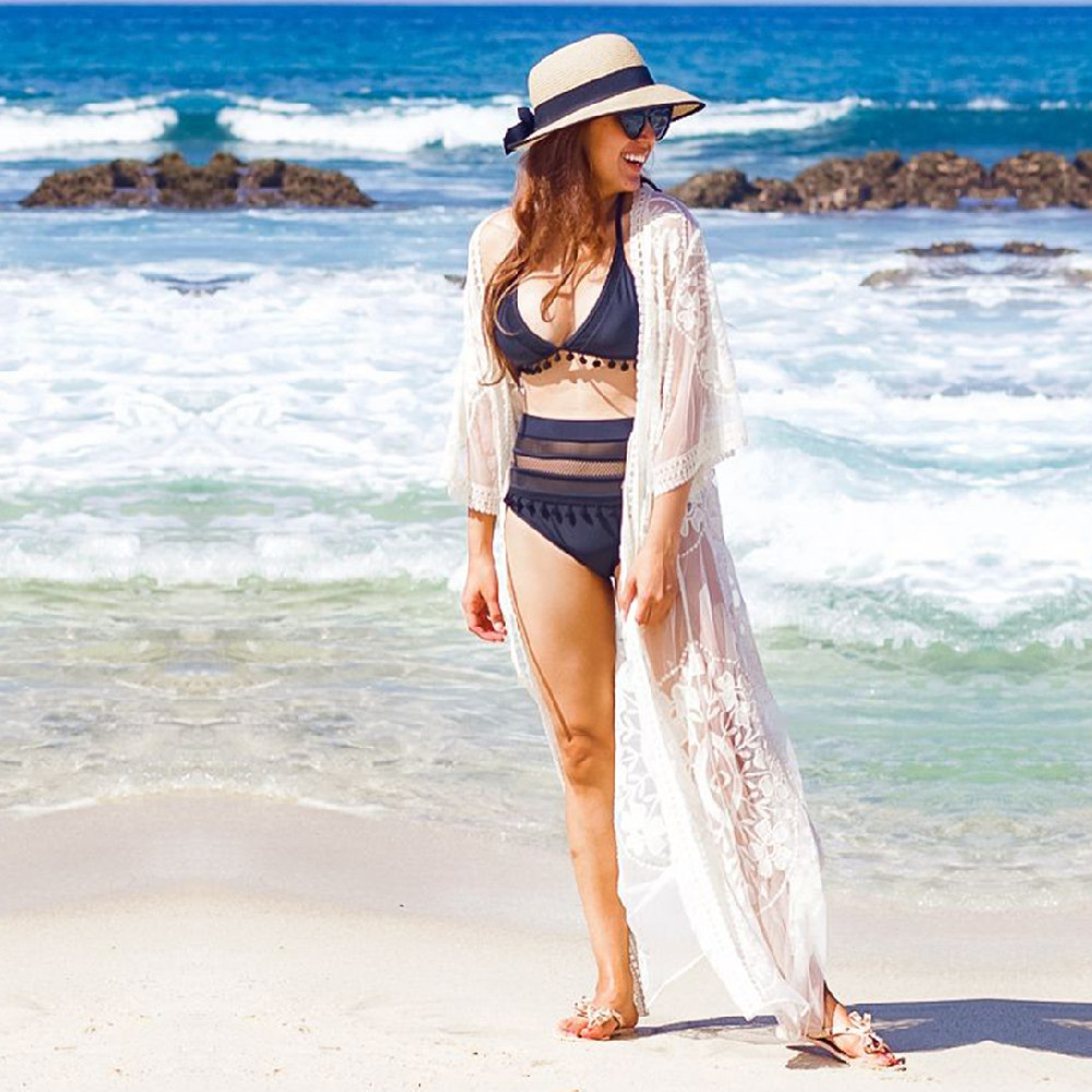 Mesh Cover up Saida de Praia Embroiry Swimsuit Sarong Kimono Summer Beach Dress Vestidos Playa #Q976 210420