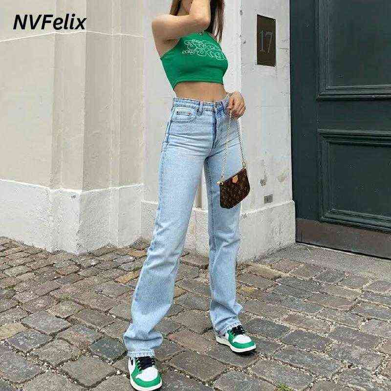 Classic Straight Leg Jeans For Women Loose High Waist Femme Trousers Fashion Casual Blue Wash Cotton Denim Mom Baggy 211129