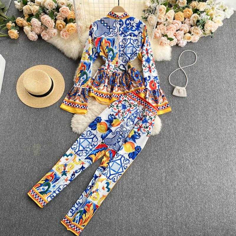 Print Runway Fashion Elegant Vintage Pant Suit Ruffle Blouse Shirt Top And Long Pants Two Piece Set Women Sets Women's