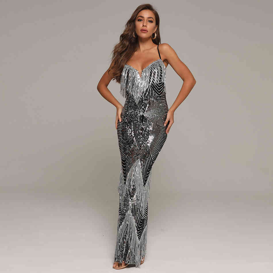 Women's Summer Maxi Sequins Sundress Sexy Spaghetti Strap Tassel Club Celebrity Evening Runway Party Lady Dresses 210423