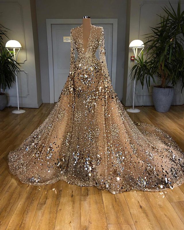 Plus Size Arabic Aso Ebi Gold Luxurious Sparkly Prom Dresses Beaded Crystals Sequins Evening Formal Party Second Reception Gowns Dress ZJ433