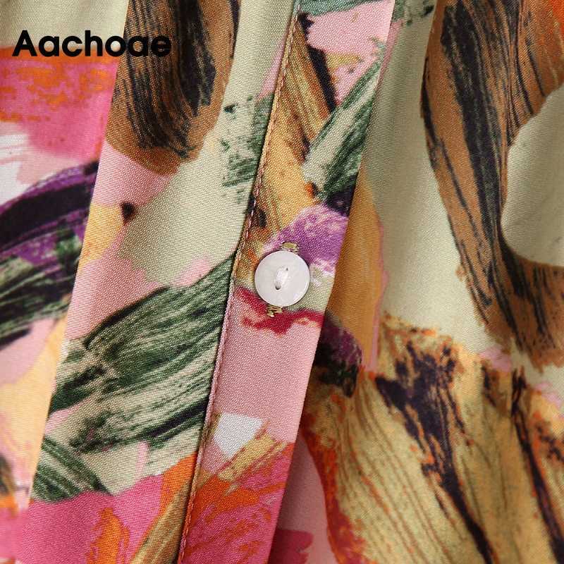 Aachoae Women Vintage Printed Mini Dress Summer Puff Short Sleeve Chic Dresses Turn Down Collar Loose Shirt Dress Vestidos 210630