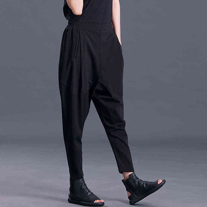 Spring Fashion Black Pleated Pockets High Waist Elastic Simple All-match Woman Harem Pants SA157 211115