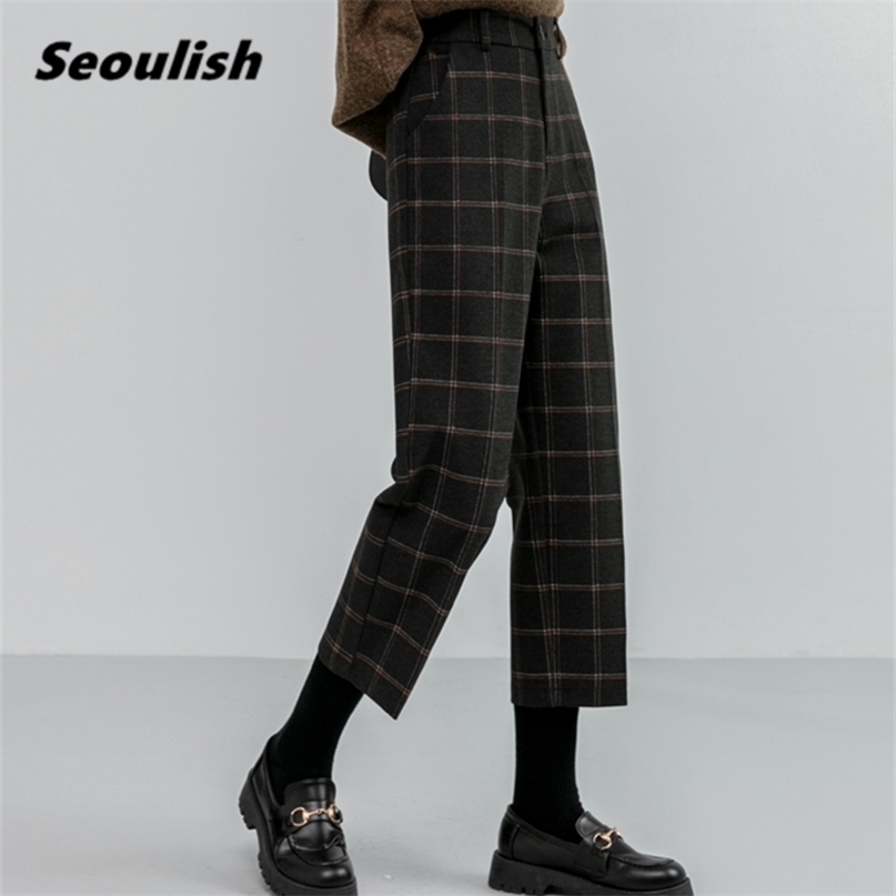 Seoulish Autumn Winter Woolen Plaid Women Formal Straight Pants High Waist Ankle-Length Chic Loose Ladies Pocket 211115